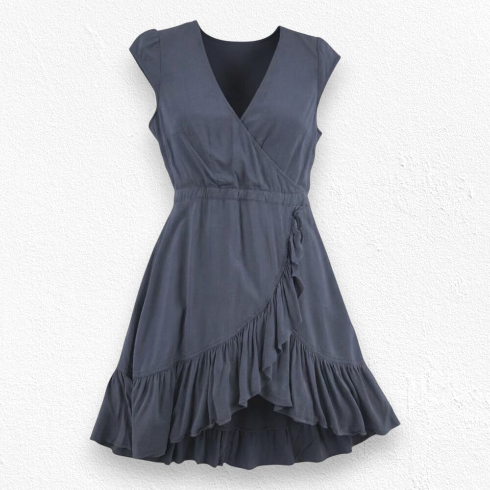 J.Crew Black Crepe Ruffle Hem V Neck Knee Length Flounce Wrap Dress Size 0